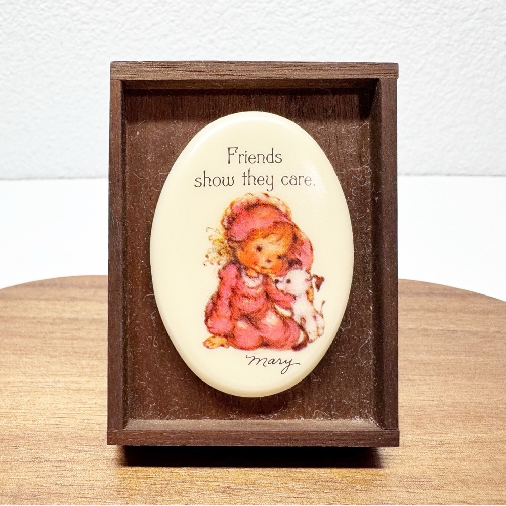 Vintage 80s Hallmark Little Gallery Girl and Puppy Mini Walnut Ceramic Plaque